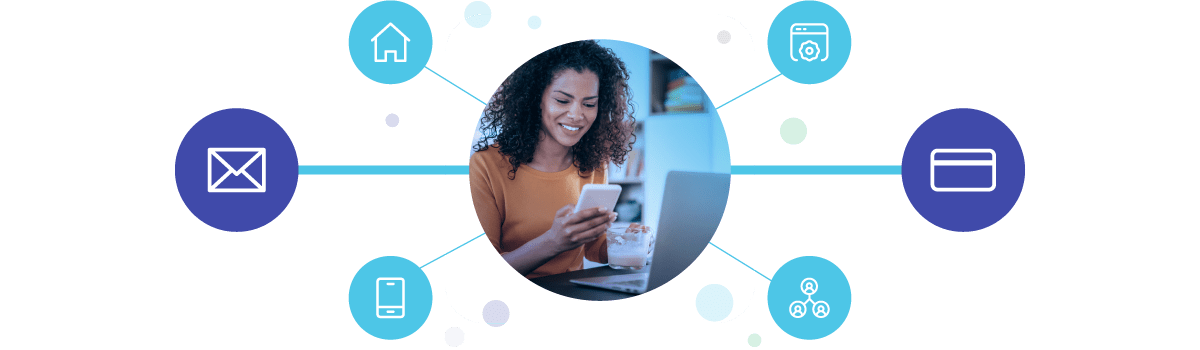 Abstract image connecting Julie's email and purchase along with additional insights such as household composition, personal interests, websites visited, etc.