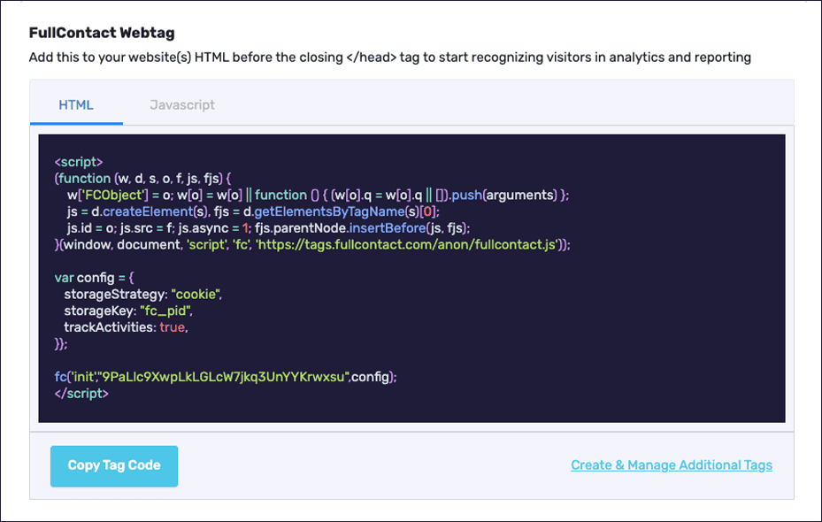 Screenshot of Acumen webtag code including trackActivities setting.